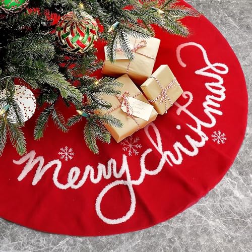 QLEKEY 36 Inch Christmas Tree Skirt Red Small Plush Xmas Tree Mat with Merry Christmas Patterns Soft Thick Holiday Decor for Home Party