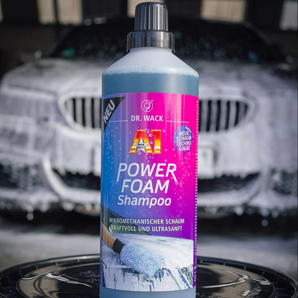 Dr. Wack A1 Power Foam - Shampoo per auto, 1 l + spruzzatore di schiuma + guanto da lavaggio | 2 in 1: pre-pulitore + shampoo per auto con prestazioni di pulizia estremamente forti