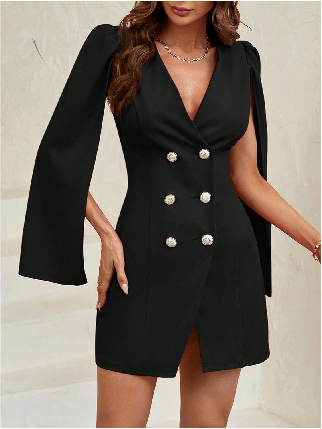 Floerns Women's V Neck Double Breasted Cape Blazer Split Sleeve Elegant Blazer Dress - Image 3