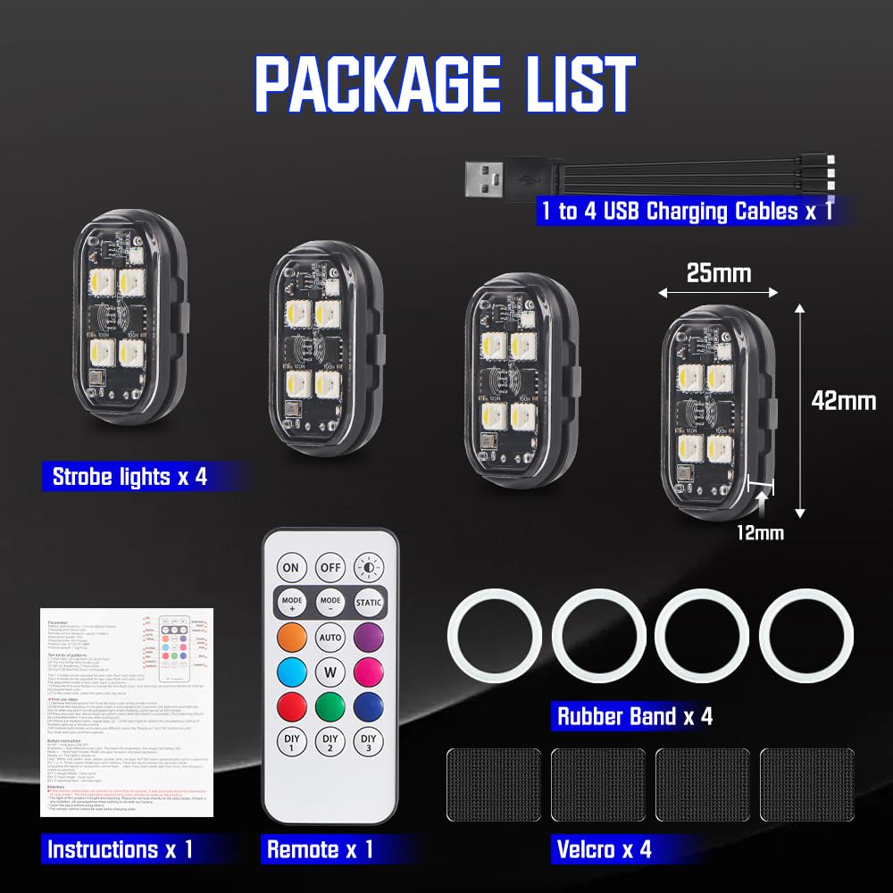 Luci Stroboscopiche Drone LED, KaiDengZhe 4 PZ 4 LED 8 Colori Impermeabili Luci Anticollisione Senza Fili con Telecomando Ricaricabili USB Strobe Drone Light per Auto Drone Moto Aeronavi Biciclette