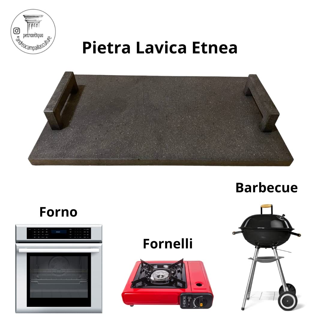Petrantiqua® Piastra Refrattaria Artigianale Barbecue in Pietra Lavica Etna con Manici Ruvida Ottima per Carne Pesce Verdure Pane e Pizza (60x40 Cm Spessore 2 Cm)