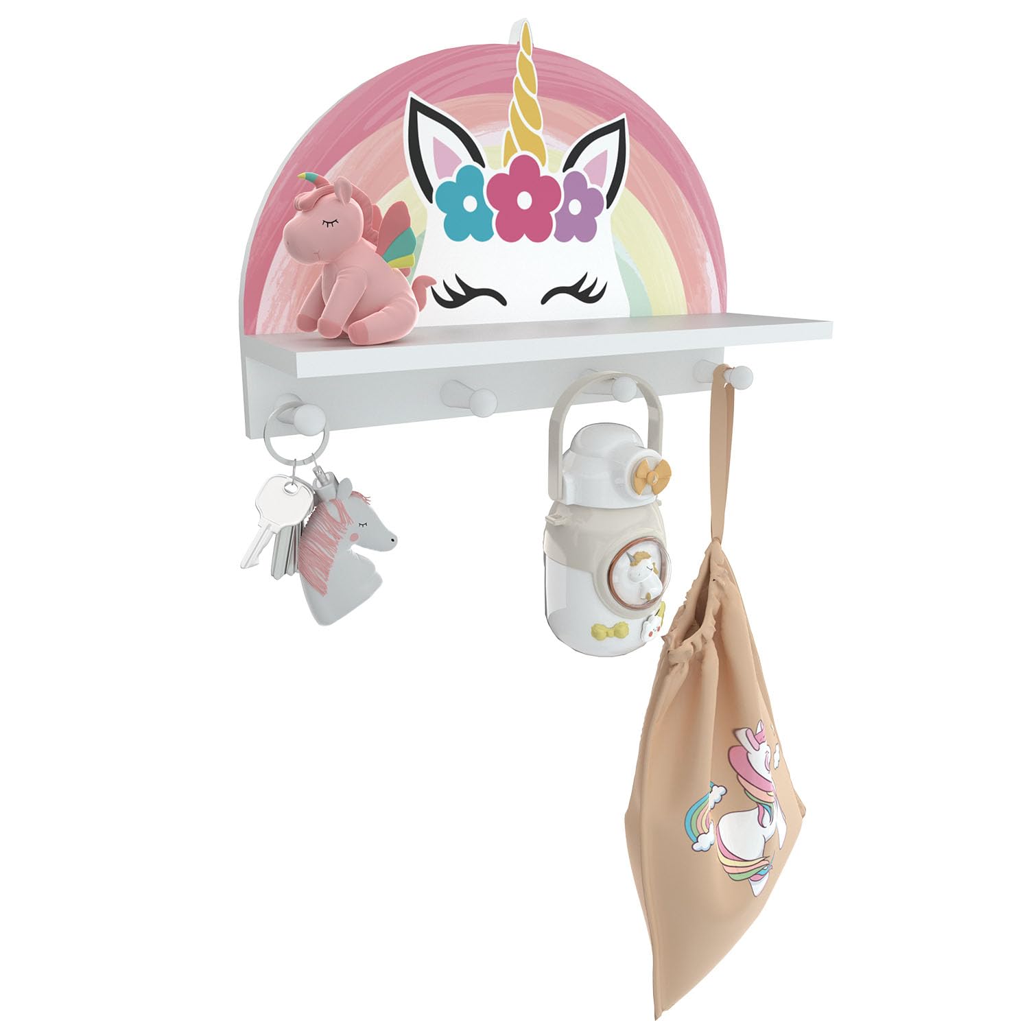Garybank Unicorn Rainbow Decoration Kids Coat Rack with Hooks, Wall Mounted Kids Coat Rack Decor for Girls Bedroom, Wooden Peg Shelf