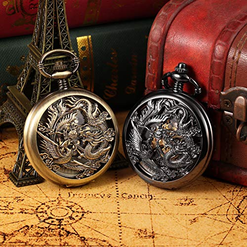 Image of TREEWETO Mens Antique Mechanical Pocket Watch Lucky Dragon & Phoenix Retro Skeleton Dial Double Cover with Chain