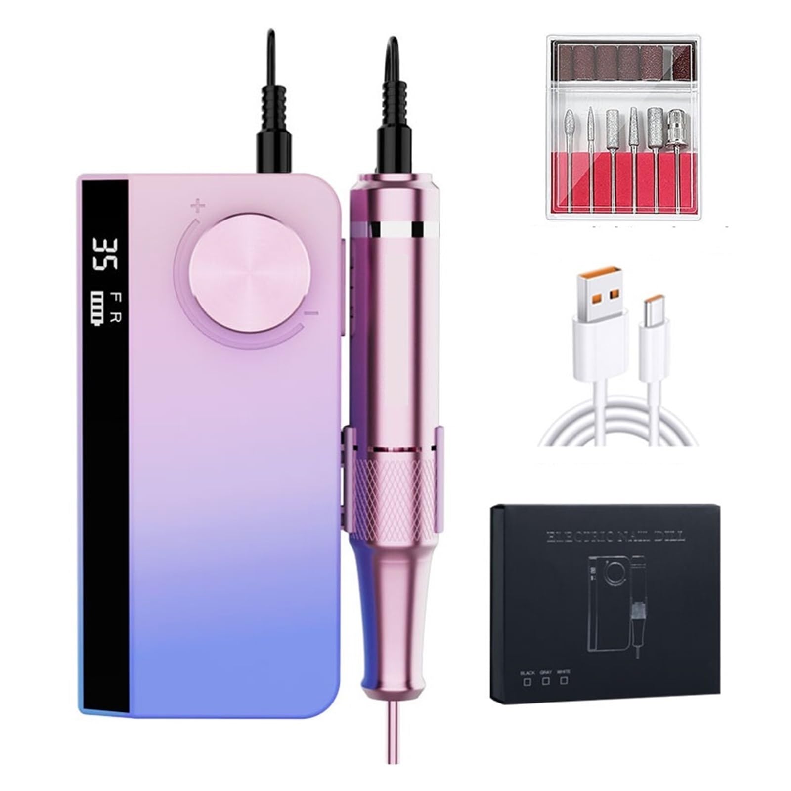 Taladro de uñas portátil de 35000RPM for Gel acrílico, taladro de uñas recargable, aparato eléctrico for manicura y pedicura(Pink)
