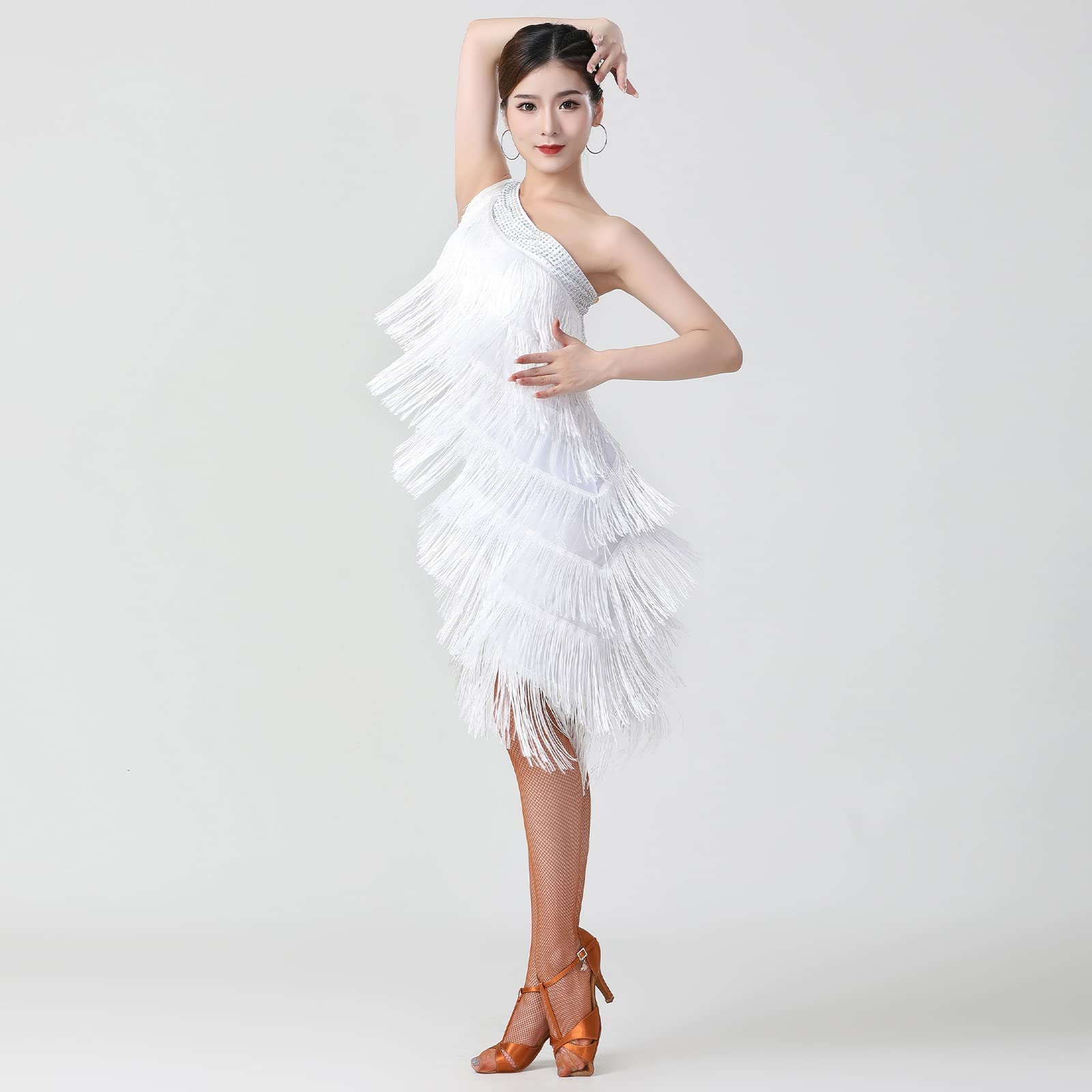 Tanzkleid Damen Latein, Eine Schulter Fransen Kleider, 1920s Samba KostüM Salsa Cha Cha Tango Rumba Flapper Kleid,Weiß