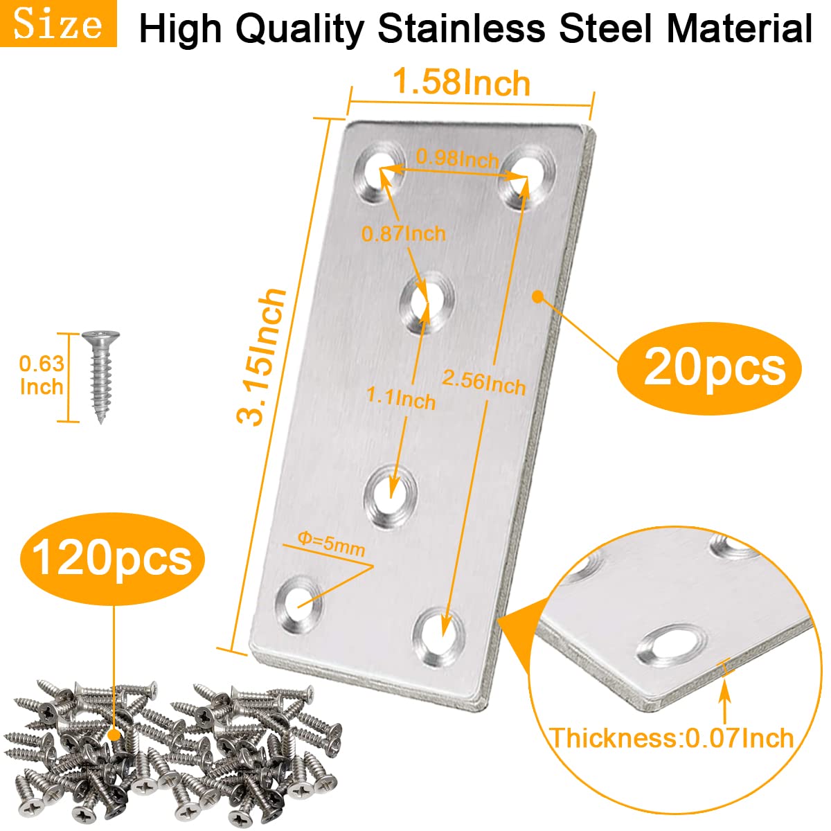 Paquete de 20 placas de unión de acero inoxidable de 3 x 1.5 pulgadas, placas de reparación plateadas, soporte plano, soporte recto de metal con tornillos para estantes de gabinetes de muebles