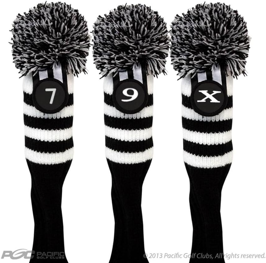 Pacific Golf Clubs Head Covers 7 9 X Black and White Knit Retro Old School Vintage Stripe Pom Pom Throwback Classic