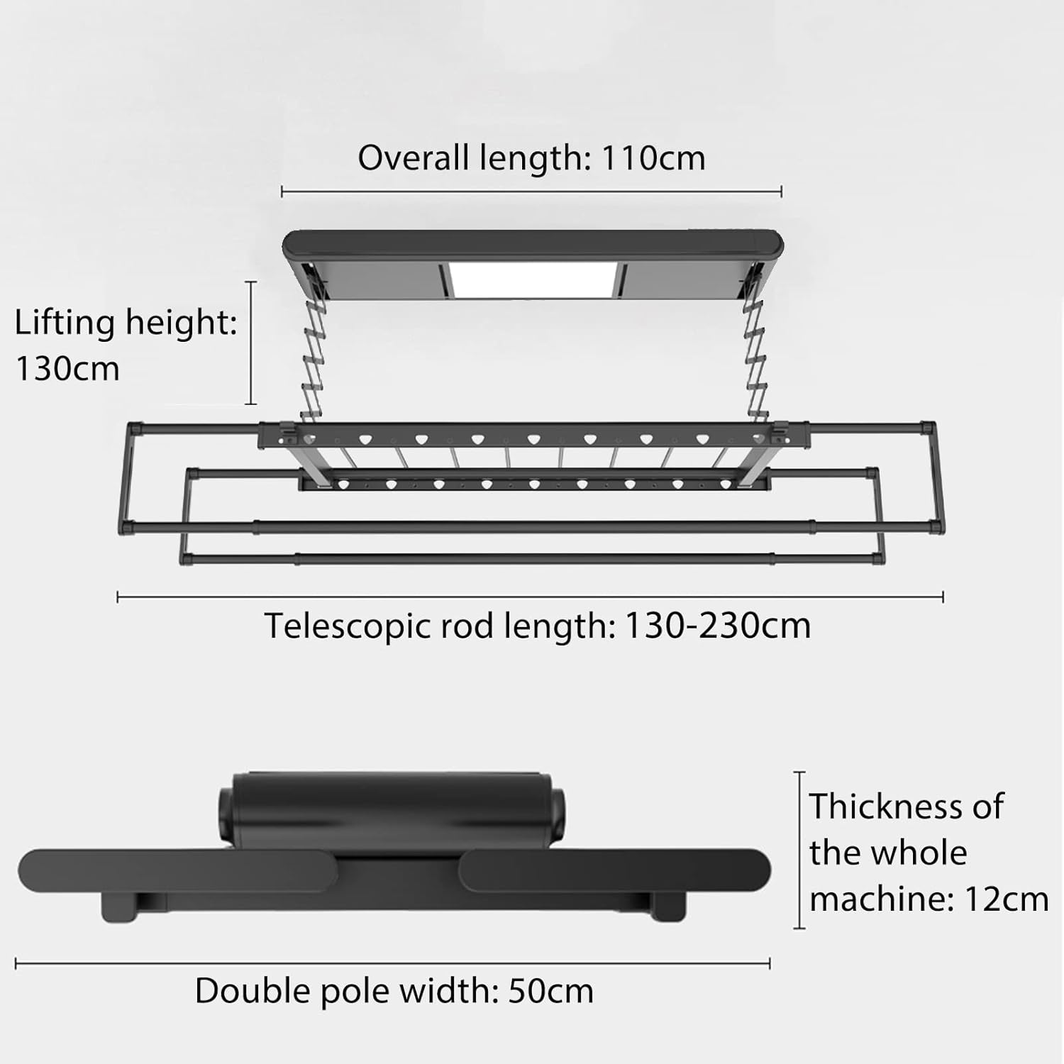 Electric Ceiling Clothes Drying Rack with Remote Control and LED Lighting, Adjustable Length 1.3m to 2.3m, 1.3m Lifting Height, Black,Black