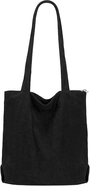 Funtlend Large Corduroy Tote Bags for Women with Zip,Tote Handbag Cord Womens Bags Corduroy Shoulder Tote Bag for Girls Shopping Work School College