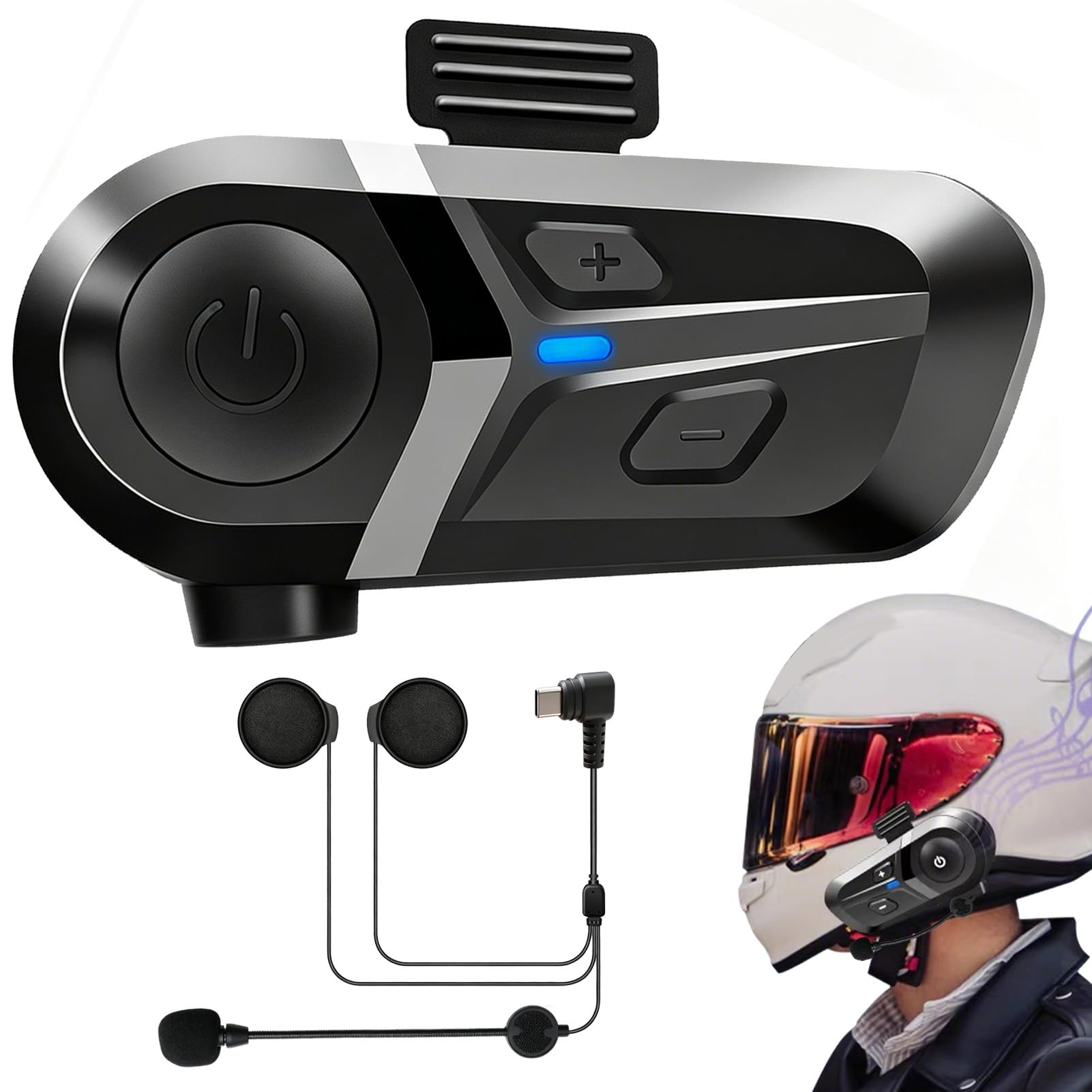 Auriculares Casco Moto Bluetooth 5.3 con Intercomunicador, Soporte para Asistente de Voz, Doble cancelación de Ruido, Impermeable IP67, Manos Libres Moto con Altavoces HiFi 40mm, para Música y GPS