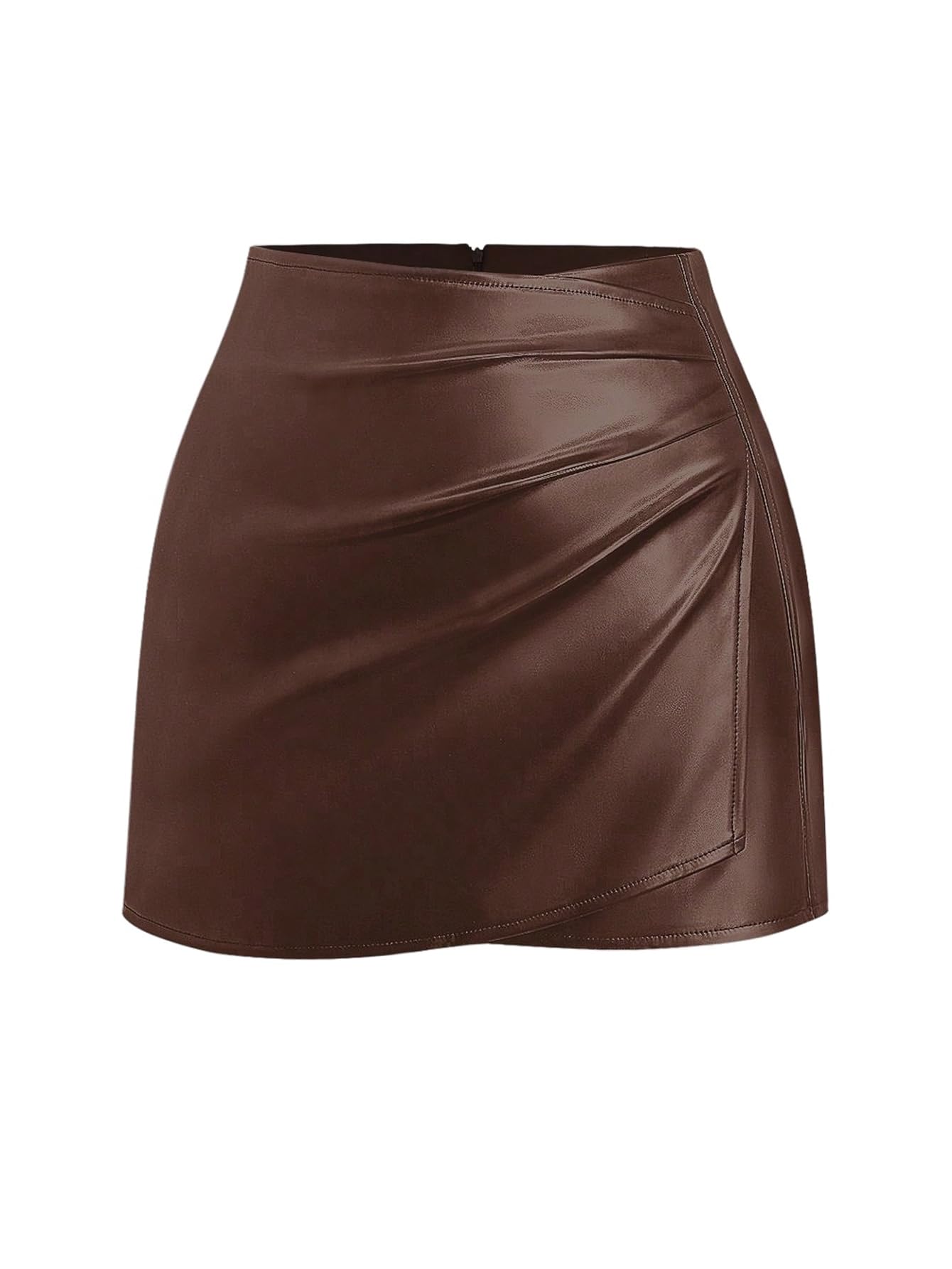 Floerns Womens PU Leather Skirt Mid Waist Ruched Slit Side Bodycon Mini Skirts