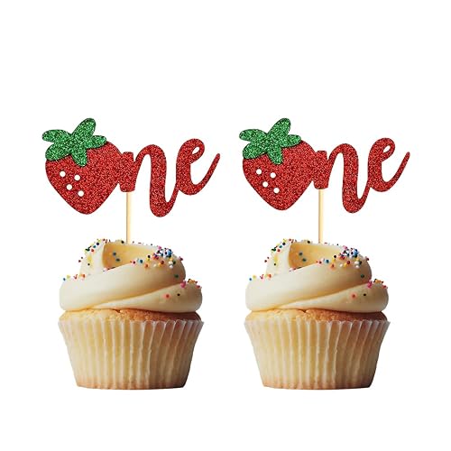 Morndew 24 PCS Strawberry One/1st Cupcake Toppers for First Birthday