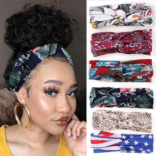 Xtrend 6 Pcs Women's Headband Boho Flower Printing Headbands Twisted Criss Cross Elastic Hair Band Yoga Running Headbands Sports Workout Hair Bands Non Slip Sweat Soft Headbands #TOP30