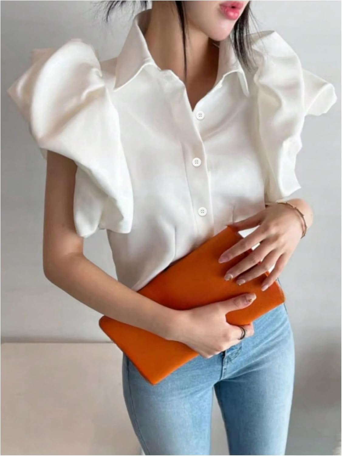 GORGLITTER Women's Bubble Tops Short Puffy Sleeve Button Down Blouses Tops Business Dressy Casual Summer Work Shirt