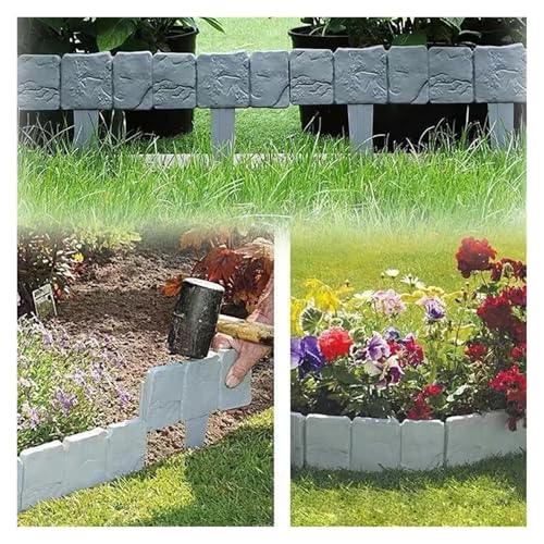 5 paneles de valla de plástico de piedra de imitación, borde de jardín sin excavación para parterres, patio y barrera de césped (blanco)