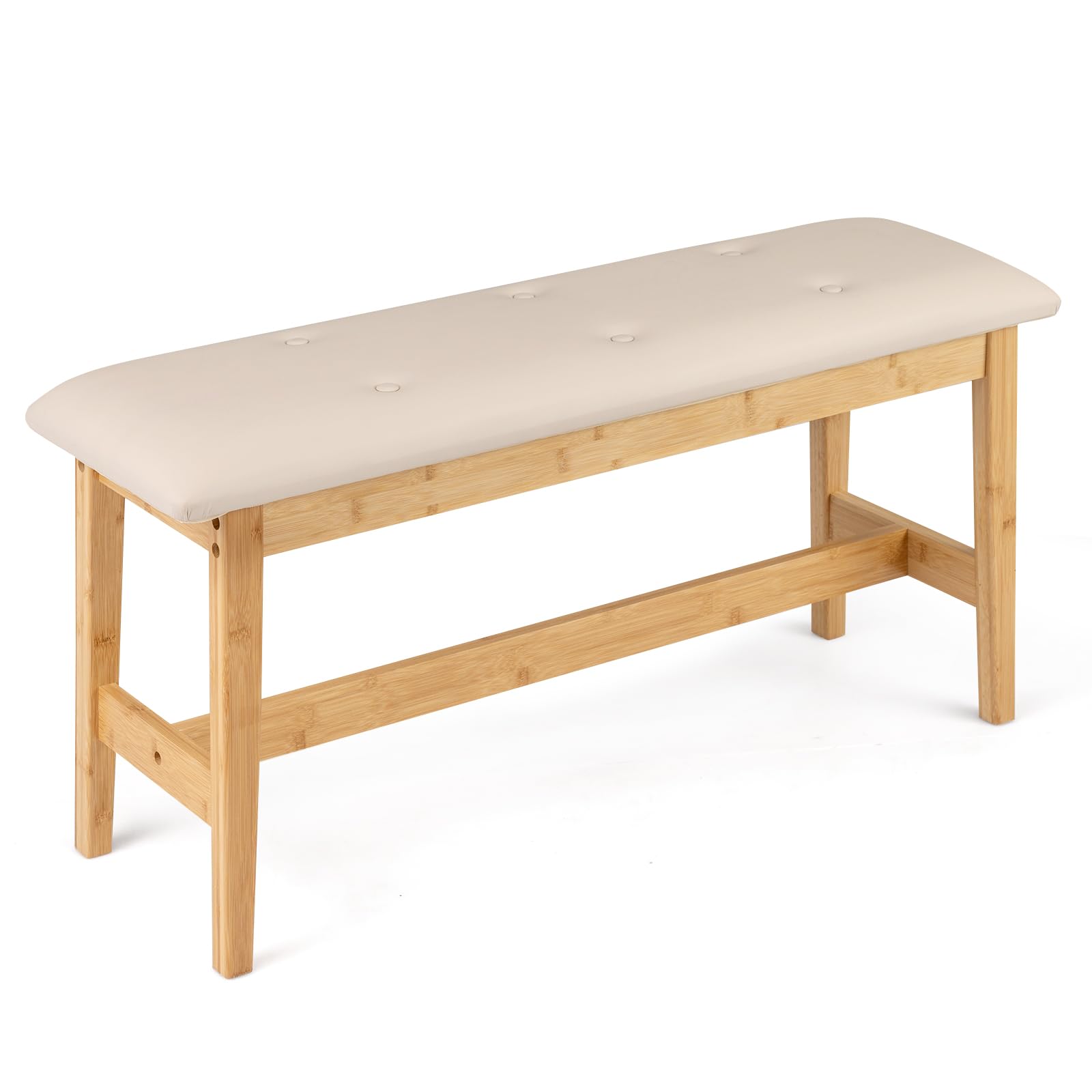 COSTWAY Banco Tapizado de 100 cm, Taburete de Bambú para pie de Cama con Botones y Asiento Acolchado, Cuero Artificial y Relleno de Esponja, Taburete para Zapatos, Banco para Cocina, Entrada, Pasillo