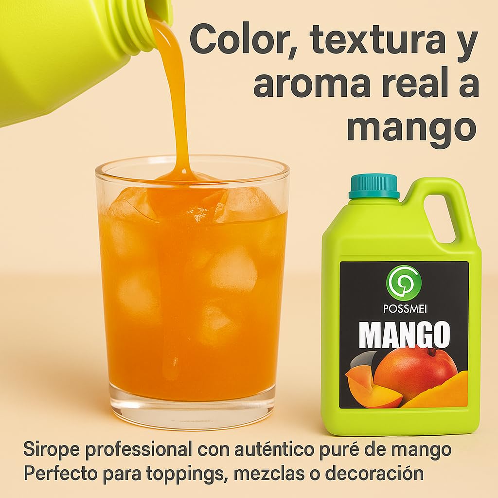 POSSMEI Sirope de Mango 2.5 kg – Concentraco Profesional para Bebidas, Cocteles, Smoothies, Postres y Helados – Apto Vegano, Sabor Tropical Intenso