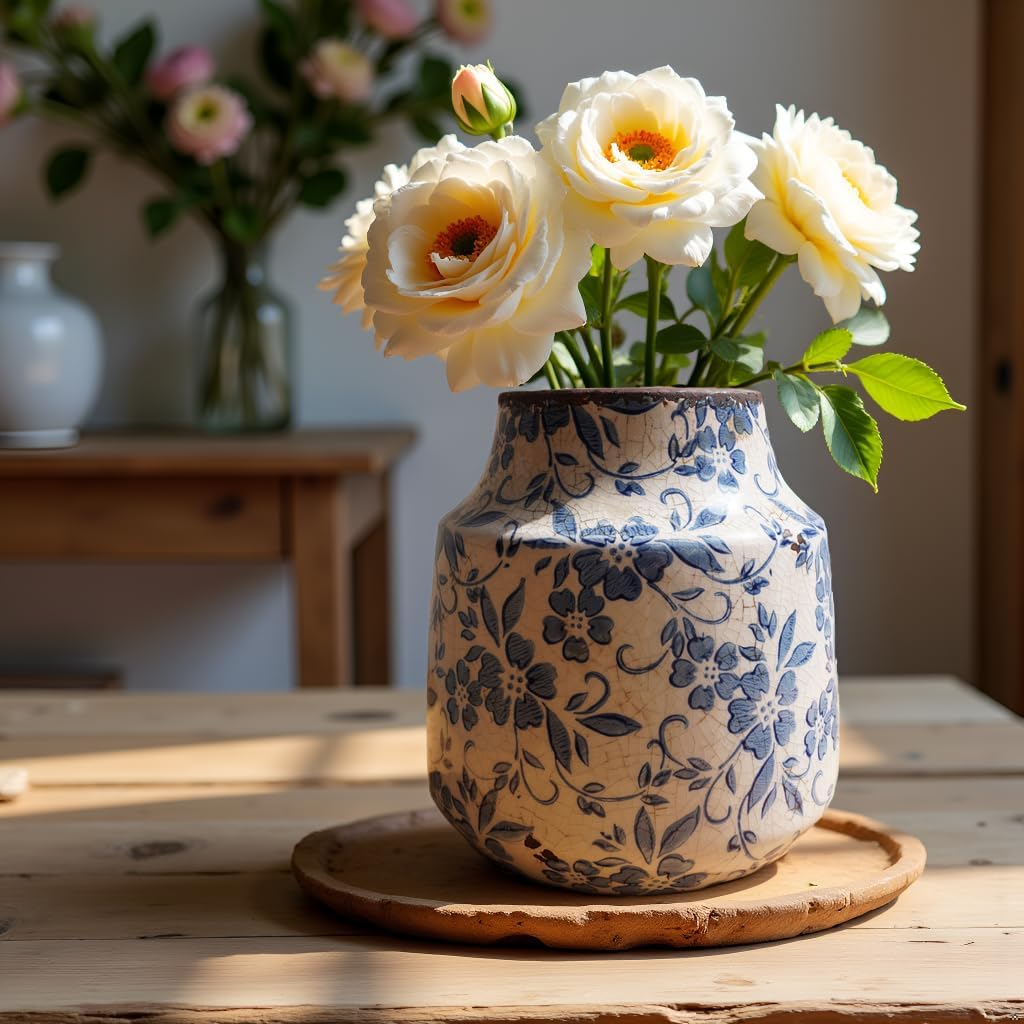 Blue and White Ceramic Vase 7” – Vintage Floral Pottery Vase with Crackle Glaze For Greenery, Branches, Small Bouquets – Farmhouse Cottage Table Shelf Mantel Decor – Waterproof Flower Vase