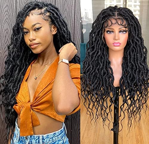 RunM Braided Wigs for Black Women Faux Locs Wig 24 Inches Goddess Dreadlock Wig Curly Faux Locs Crochet Hair Full Double Lace Braid Wig with Baby Hair for Black Women（1B）