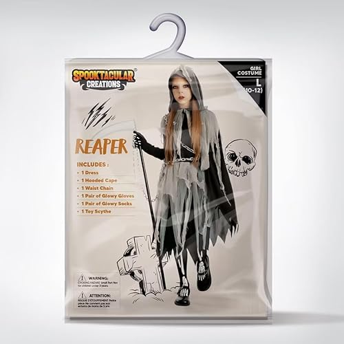 Miniatura 6 de Spooktacular Creations Disfraz de parca para niña con guantes y medias que brillan en la oscuridad, disfraz de Halloween aterrador