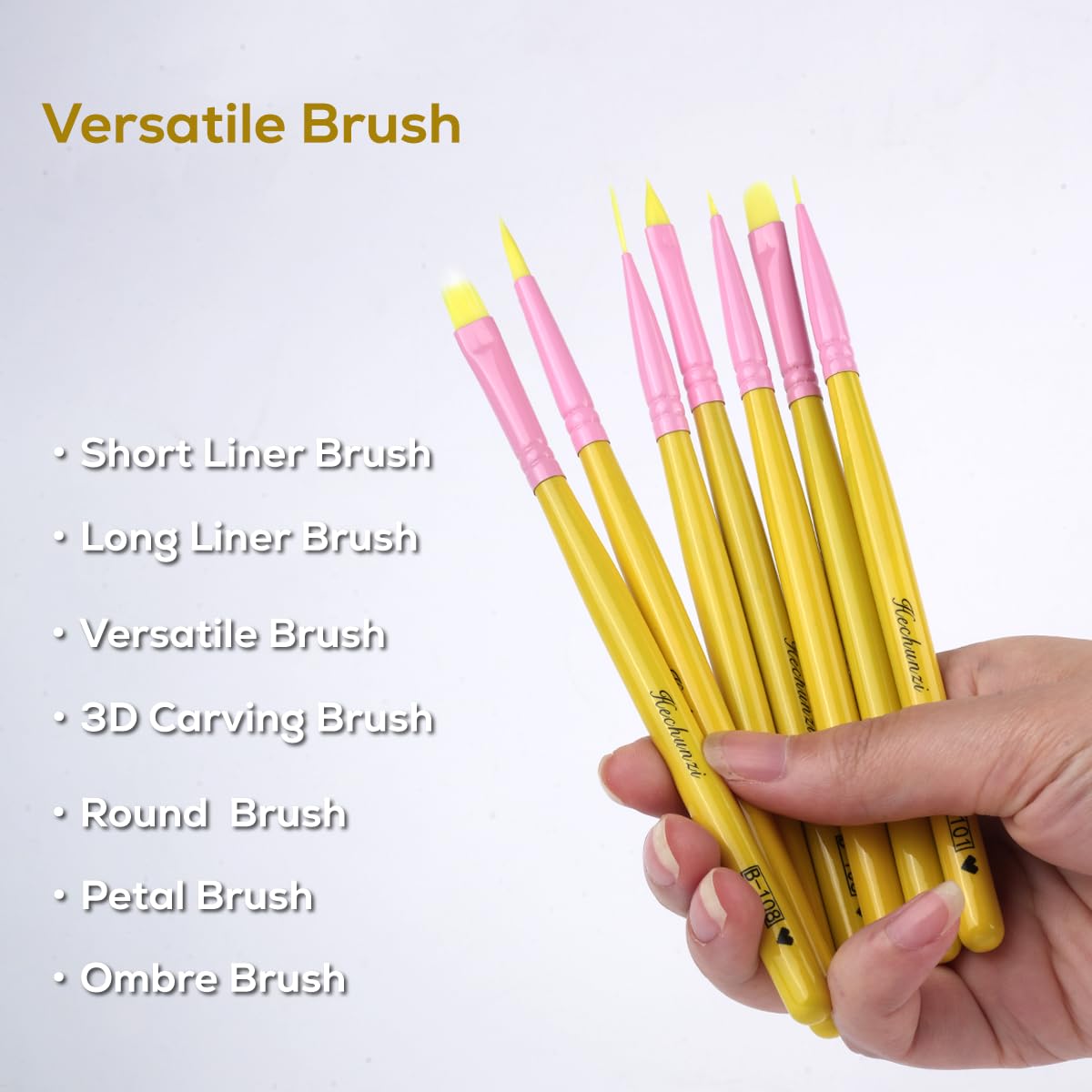 Pennelli per Unghie, Hechunzi 7 Pezzi Pennello per Gel Estensione Unghie Nail Art UV Gel Pittura Strumento per Decorazioni Unghie Painting Detailing Salone Casa Manicure DIY (Giallo)