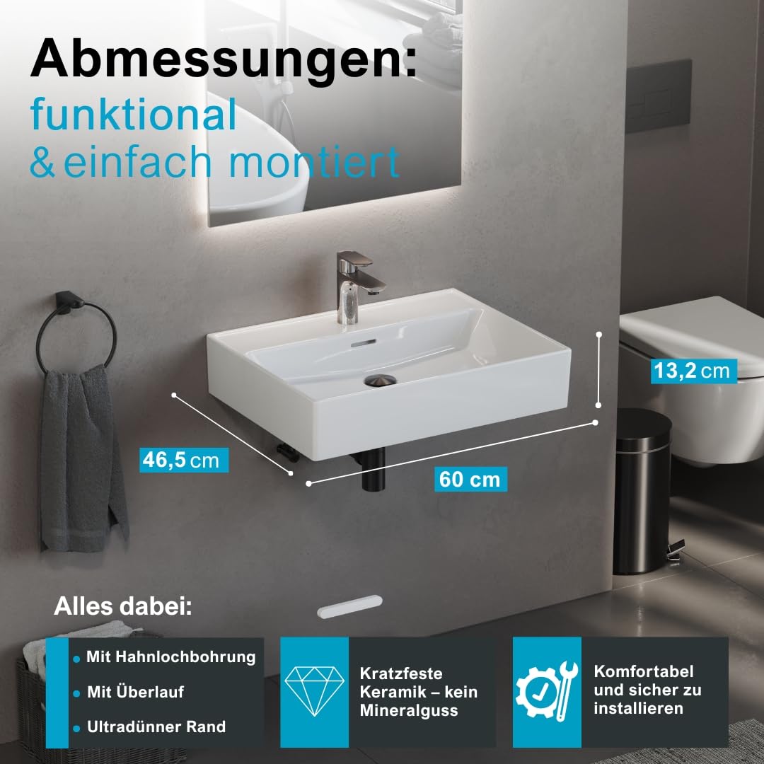 Aqua Bagno lavabo 60 cm bianco – lavabo in ceramica rettangolare per bagno, bordo sottile, design moderno, montaggio a parete o su mobile bagno, superficie facile da pulire e resistente