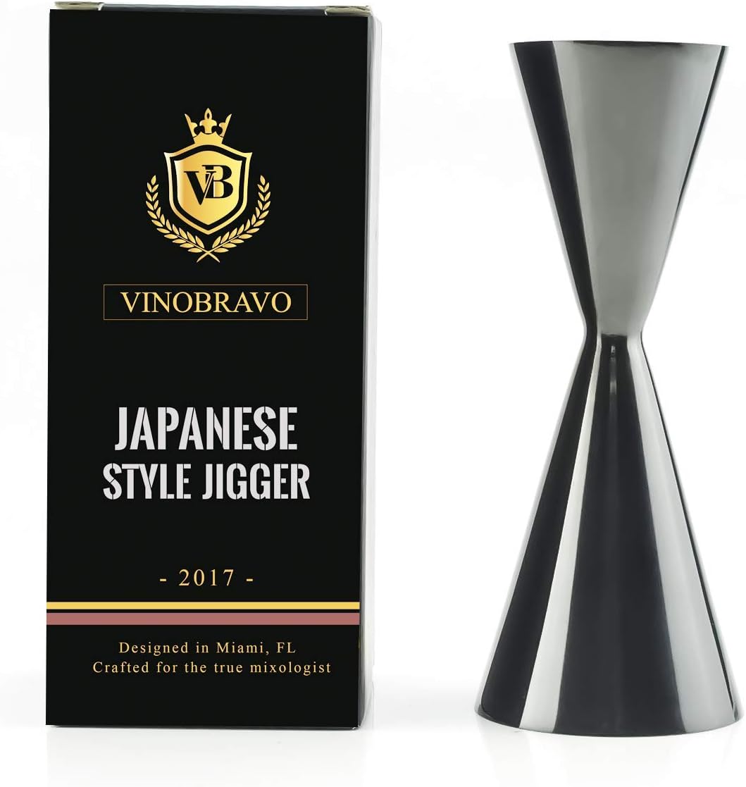 Premium Japanese Stainless Steel Slim Double Cocktail Bar Jigger by VinoBravo with Measurements Inside 2oz. / 1oz. Barware Tool for Home Bars and Professional Bartending Kits (Black)