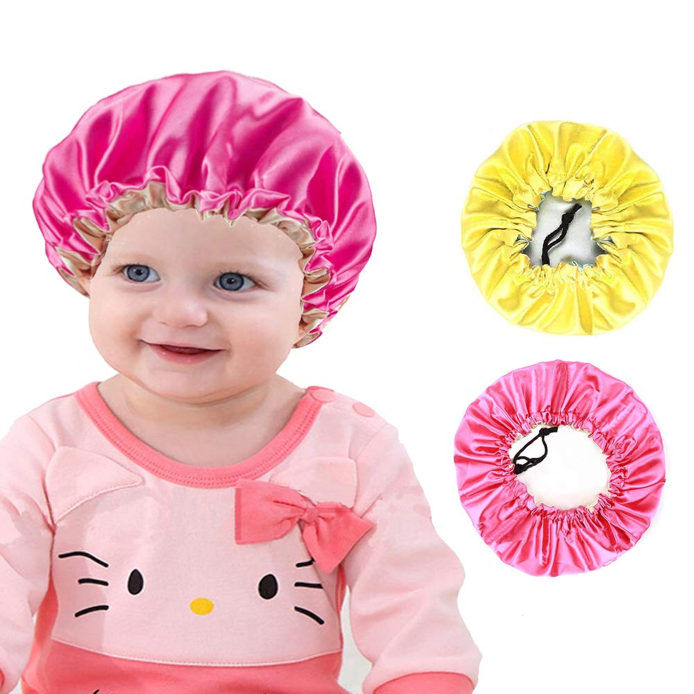 2 Pieces Kids Satin Bonnet Night Sleep Caps, Adjustable Double Layer Sleeping Hats, Showering Caps for Kids Girls Toddler Children Baby