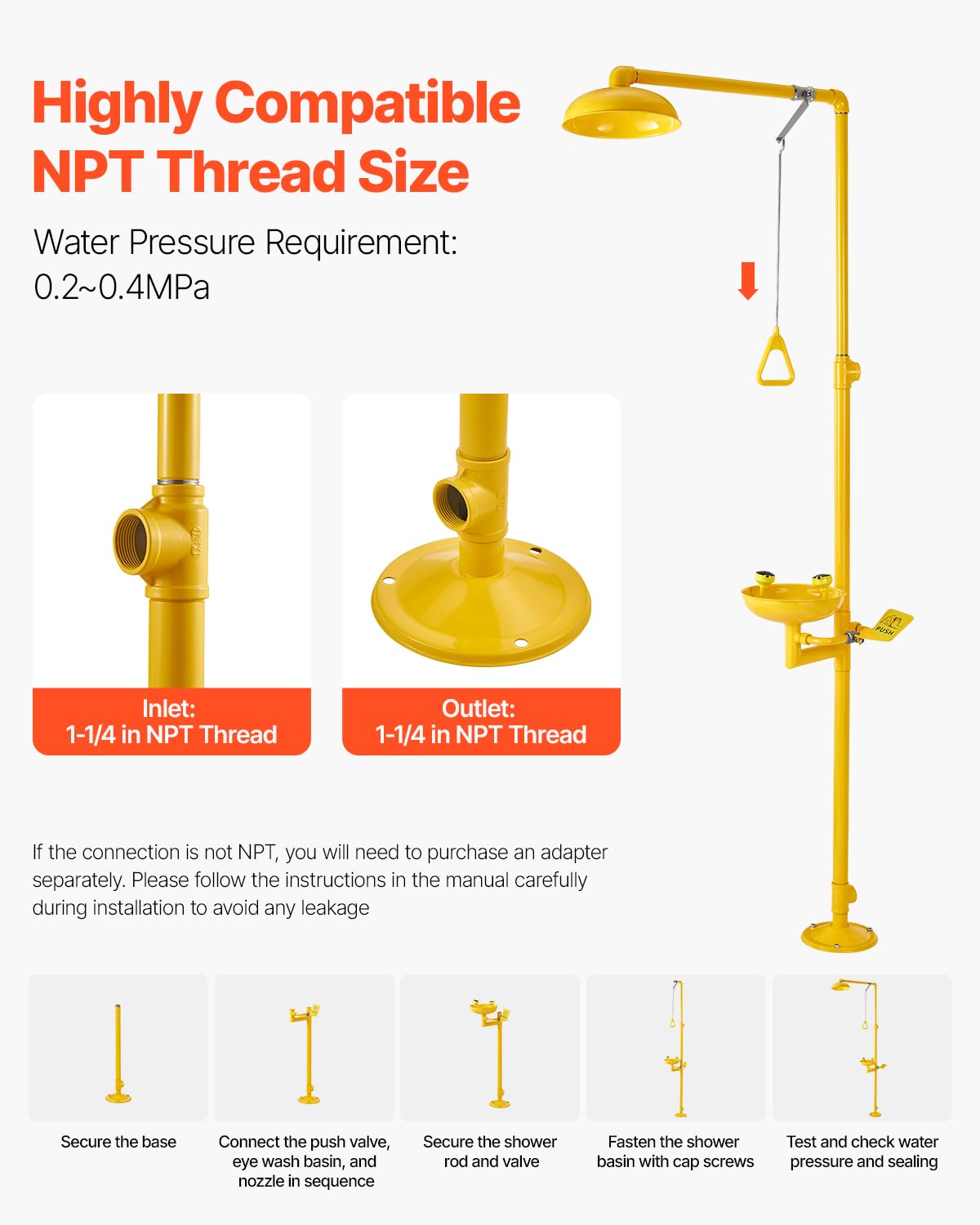 VEVOR Emergency Shower Eye Wash Station, 34.25 x 15.75 x 91.73 Inch 304 Stainless Steel Eyewash and Shower Combination, OSHA-Approved First Aid Eye Wash Station, for Schools, Labs, Factories, Yellow
