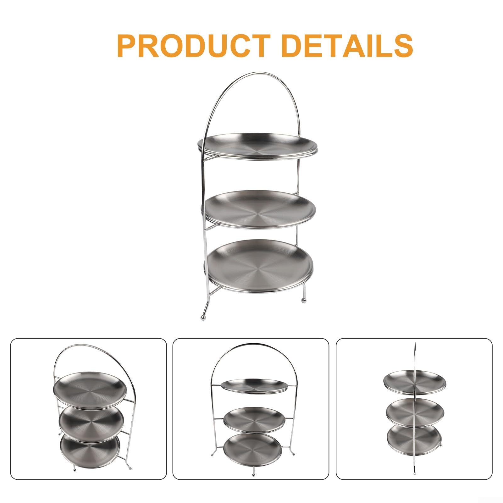 Mensola da portata in acciaio inox a 3 piani per dessert e snack, alzata rotonda per torte in acciaio inox 304, lavabile in lavastoviglie, vassoio moderno per buffet e feste, argento (argento)