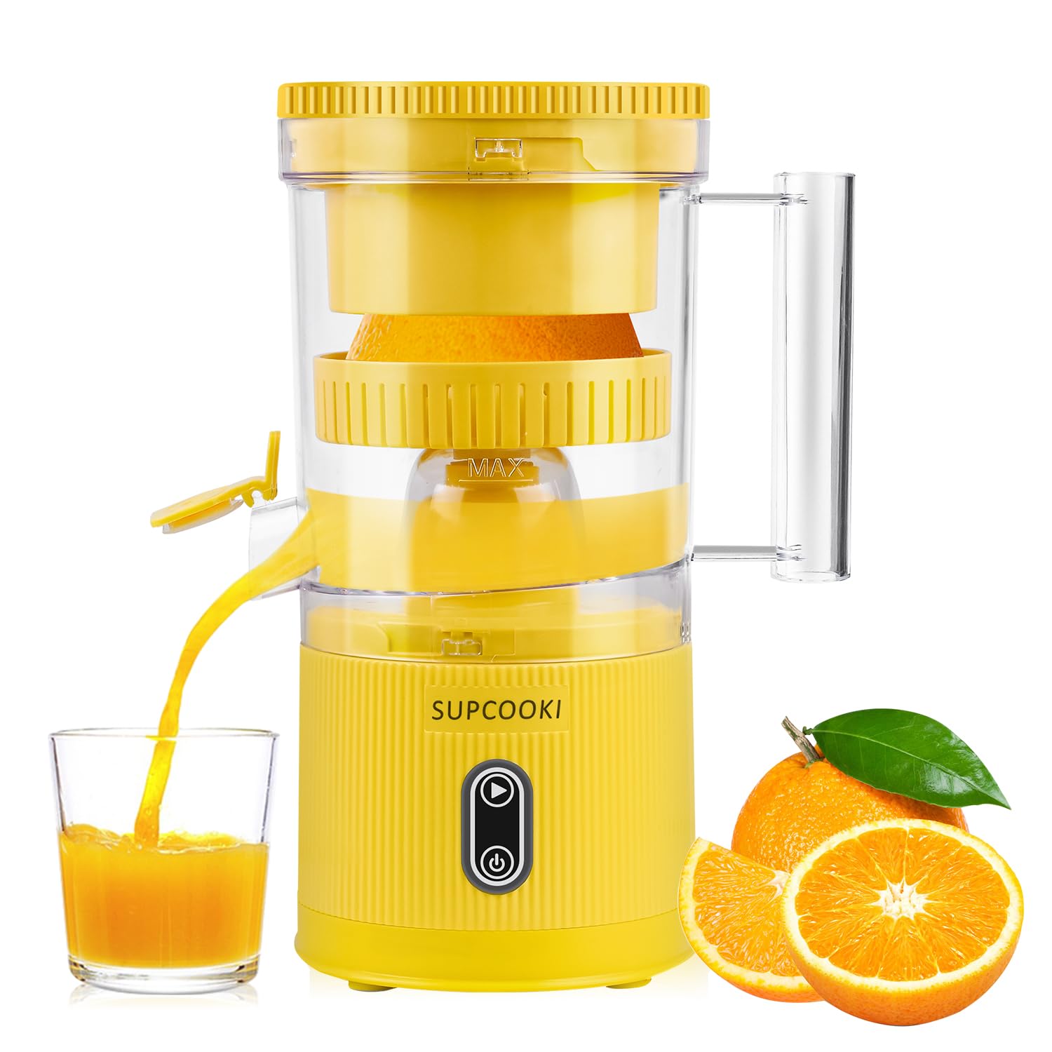 Electric Rechargeable Citrus Juicer - Automatic Squeezer with Touch Button, USB Cable and Cleaning Brush | Portable for Orange, Lemon, Grapefruit | Easy to Clean, Yellow
