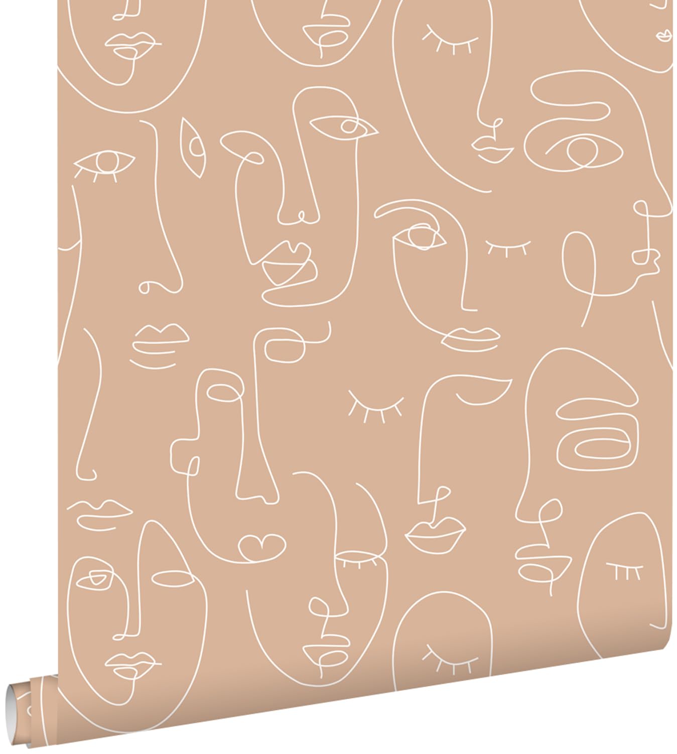 Papier peint visages Line Art pour un salon rose pêche moderne