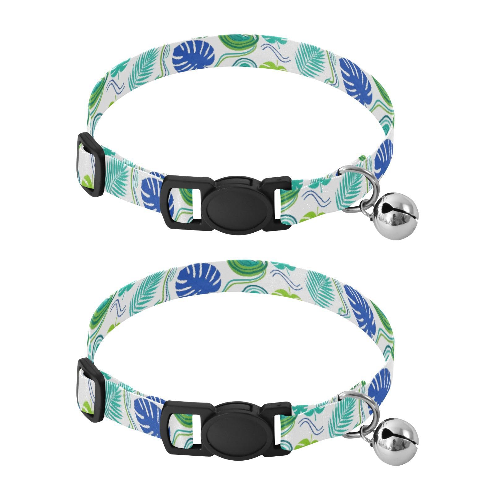 Tropical Leaves Colorful Dog Bell Collar 2 Pack Cats Collar Adjustable Length 10.6" to 17.1"