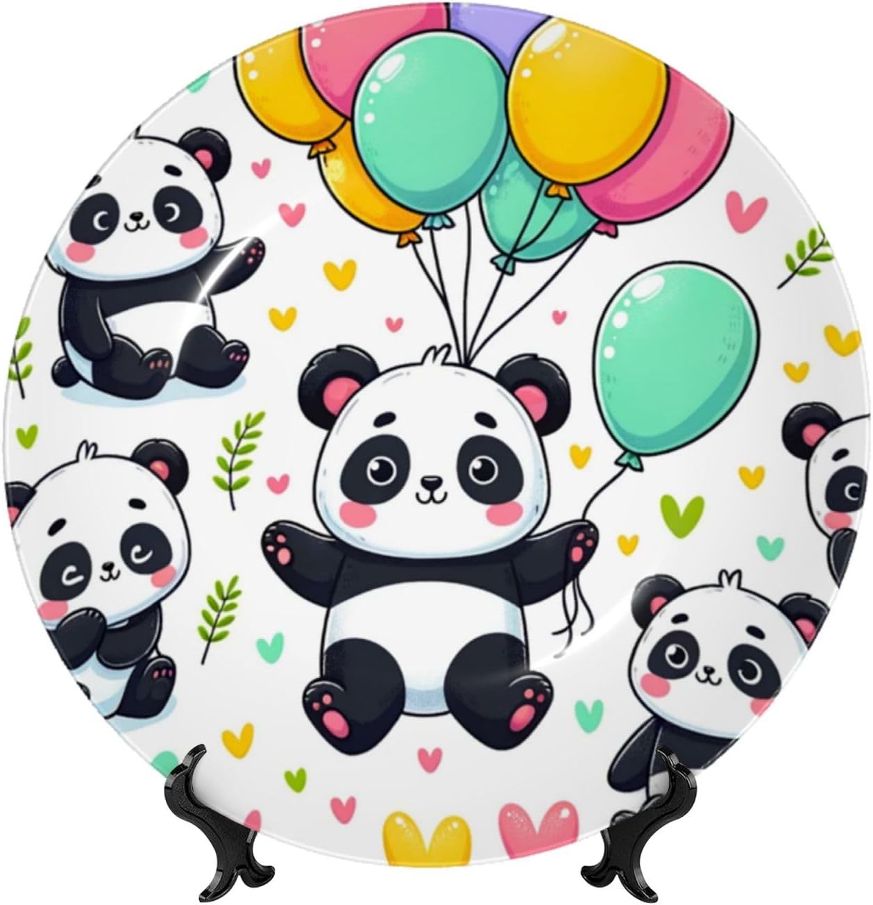 Adorable-Pandas-Colorful-Balloons 10 Inch Decorative Plate With Stand, Elegant Display Wall Plate For Home Decor