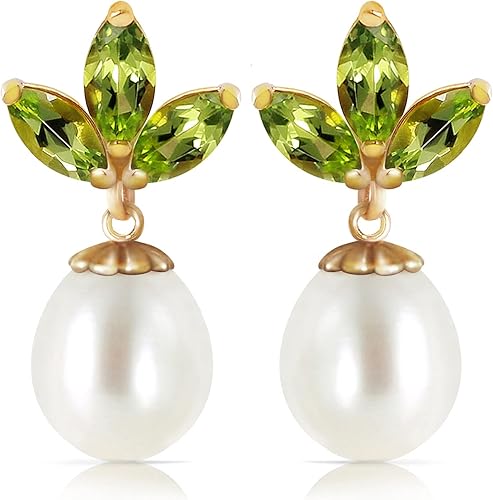Miniatura 3 de Galaxy Gold GG Pendientes de perlas cultivadas en agua dulce de oro amarillo de 14k con peridoto, Metal Gema, Peridoto Perla