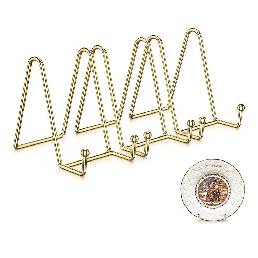 JZS Plate Stands for Display,Plate Holder Display Stands, 11cm Holder Stand Metal Frame Stand for Picture, Book, Photo Easel, Creation, Collectibles,4 Pack,Gold