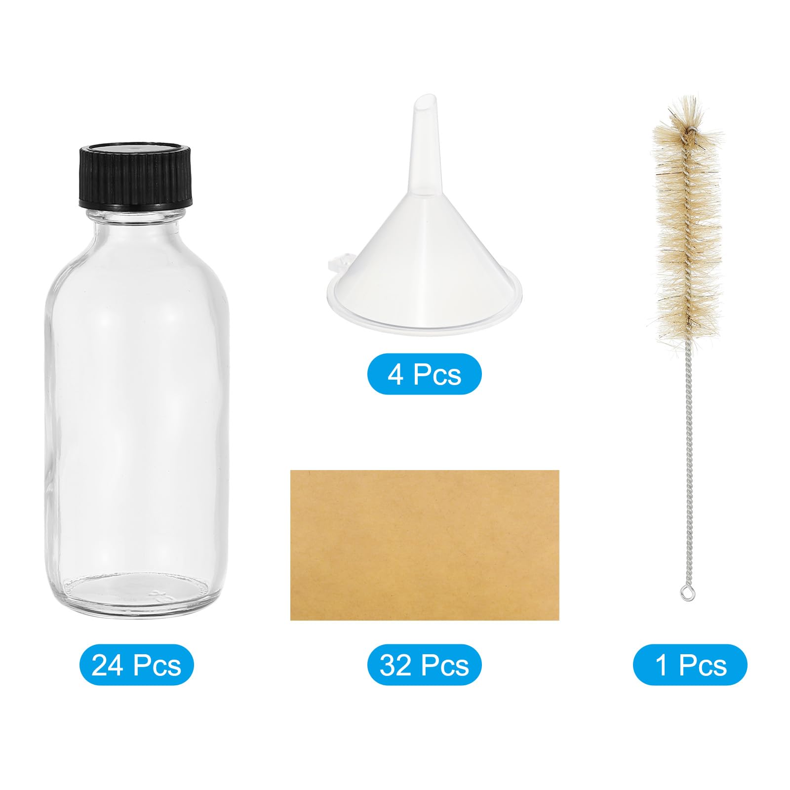 PATIKIL Frasco De Vidrio Para Muestras De Onzas Pcs Frasco Redondo Con Tapa Negra De Pcs Pincel Para Líquidos Jugo De Transparente 2 (60ml), 24 Policono, 4 Embudo, 32 Etiquetas.