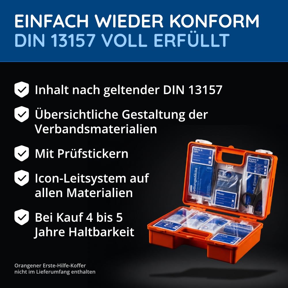 FLEXEO DIN 13157 Nachfüllset für Erste-Hilfe-Koffer, Verbandskasten | Verbandkastenfüllung bestehend aus 85 Teilen inkl. Erste-Hilfe-Anleitung | nach aktueller geltender DIN 13157:2021