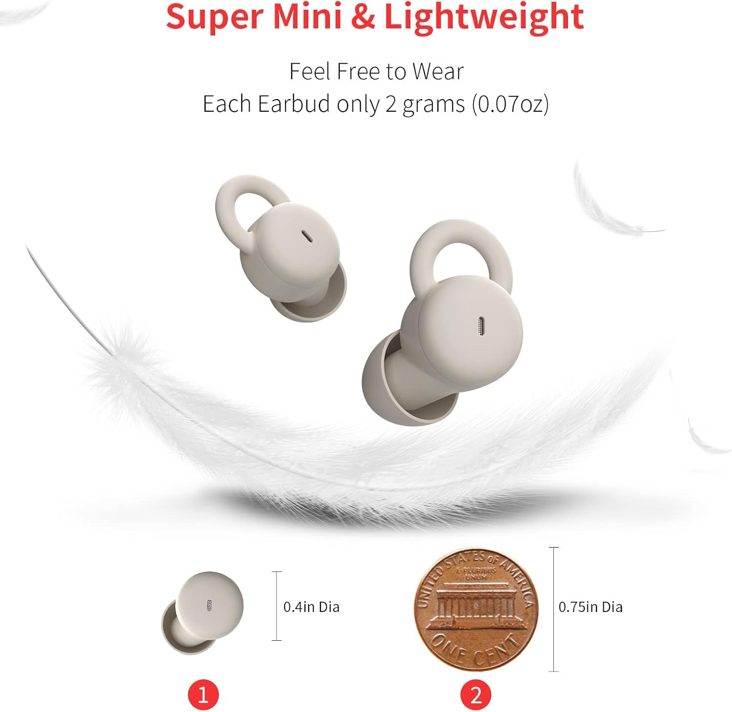 Size comparison of wedoking Sleep Earbuds with a feather and a US penny, emphasizing their mini and lightweight design.