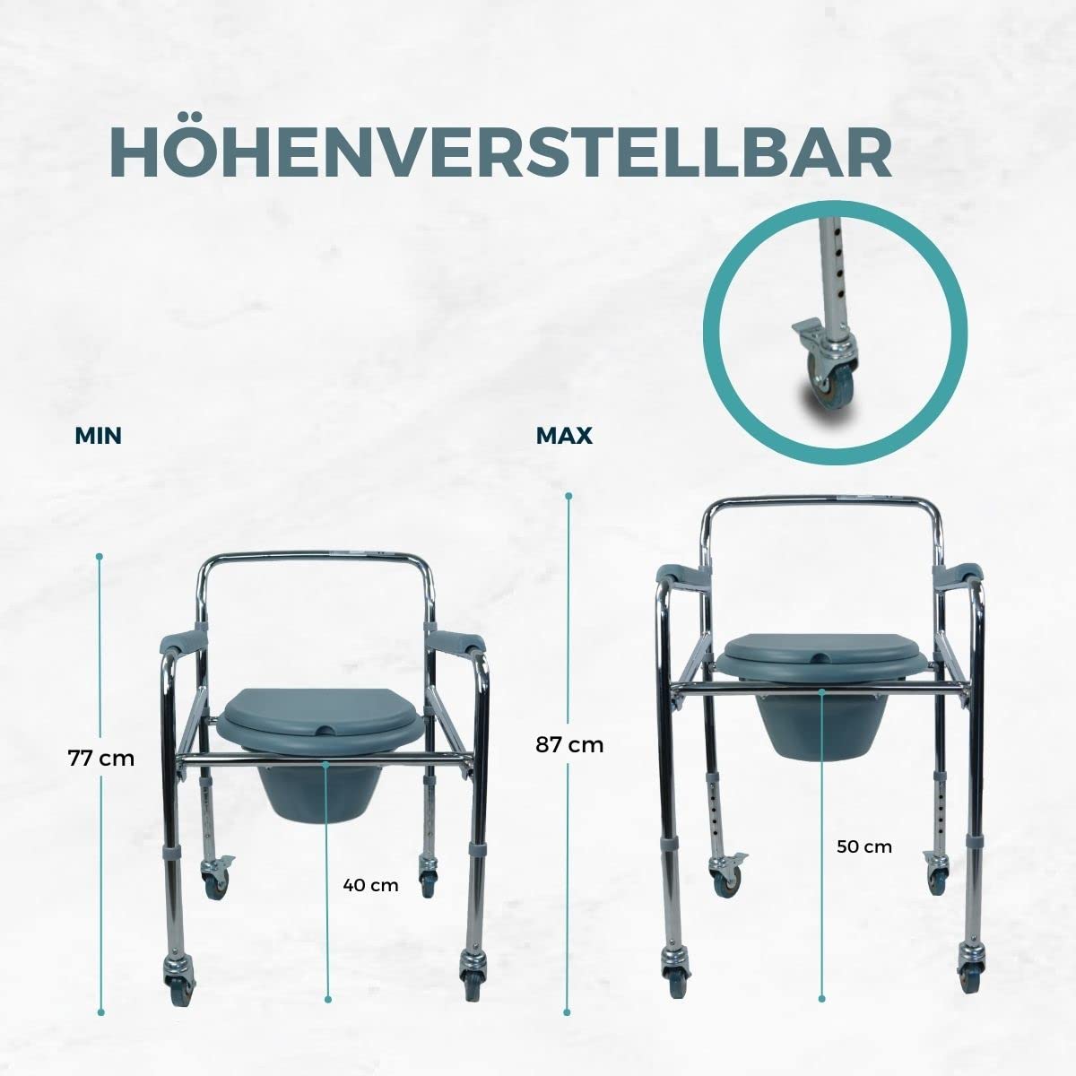 Mobiclinic®, Toilettenstuhl, Faltbar, Tragbare Toilette, Abnehmbarer Eimer, Armlehnen, Ergonomischer Sitz, bis 100 kg, Räder mit Bremsen, Rutschfeste Füße, Stahl, Leicht, Muelle