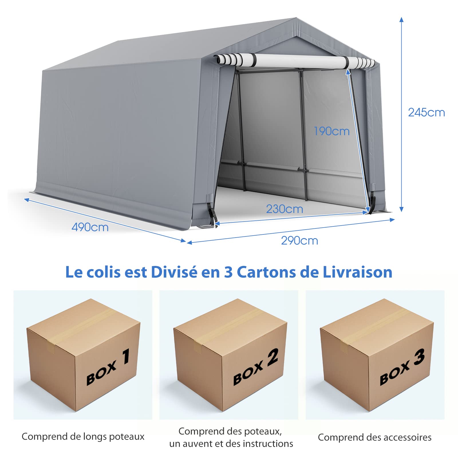 COSTWAY Tente Garage Carport Portable en Acier 290 x 490 cm, Abri Voiture Étanche Grand Auvent avec Portes, Poutres Triangulaires, Toutes Saisons pour SUV, Bateau, Cargaison