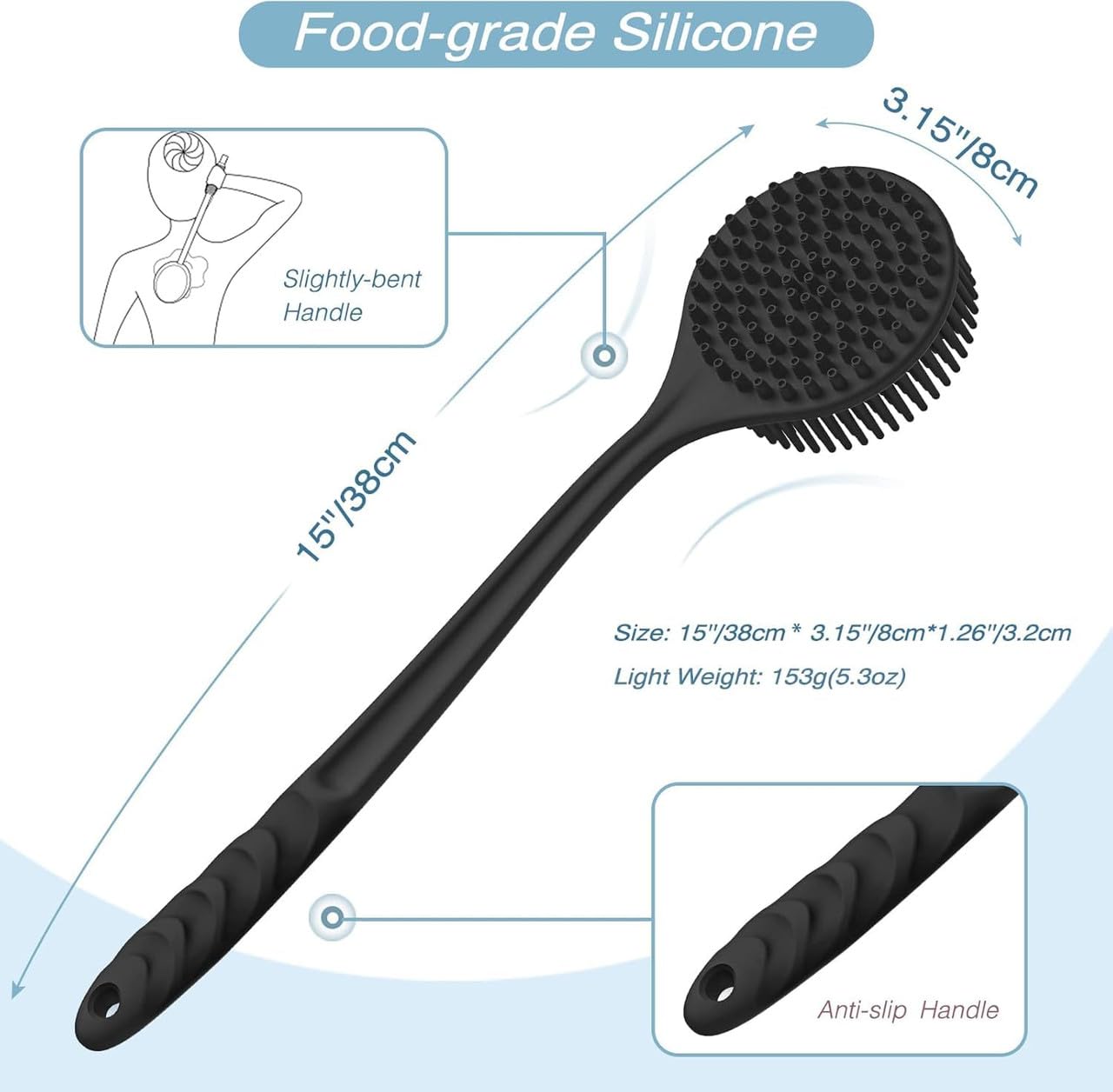 POTLID Silicone Back Scrubber with Long Handle | Body Exfoliating Bath Brush for Shower | Scalp Massager & Face Scrubber Combo | BPA Free Manual Bath Cleaning Brush 1