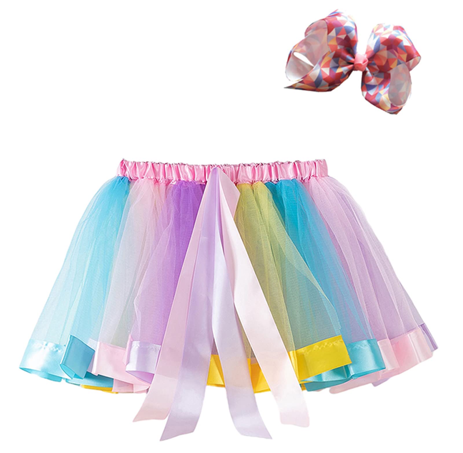 Newborn Baby Girls 3 Layers Ruffles Tulle Skirt with Bow Baby Bloomer Diaper Cover Photo Photography Prop Tutu and Headband Set (Rainbow 8, 4-6 Y)