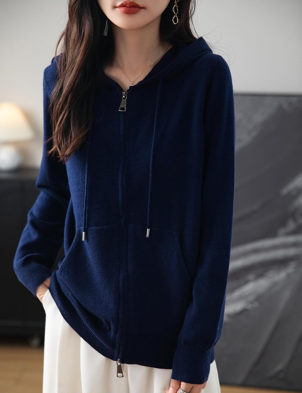Women's Merino Wool Blend Cardigan 2025 Fall Winter Zipper Sweatshirt Crew Neck Long Sleeve Knit Hooded Cardigan - Image 4