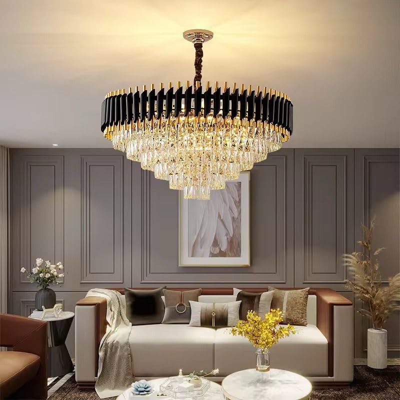 blissbells Luxury Crystal Chandelier, Modern Black and Gold, 4-Tier Pendant Light with Twisted Rod, Round Ceiling Light Fixture Revolving & Multi Color Changing(600 MM)-image-32