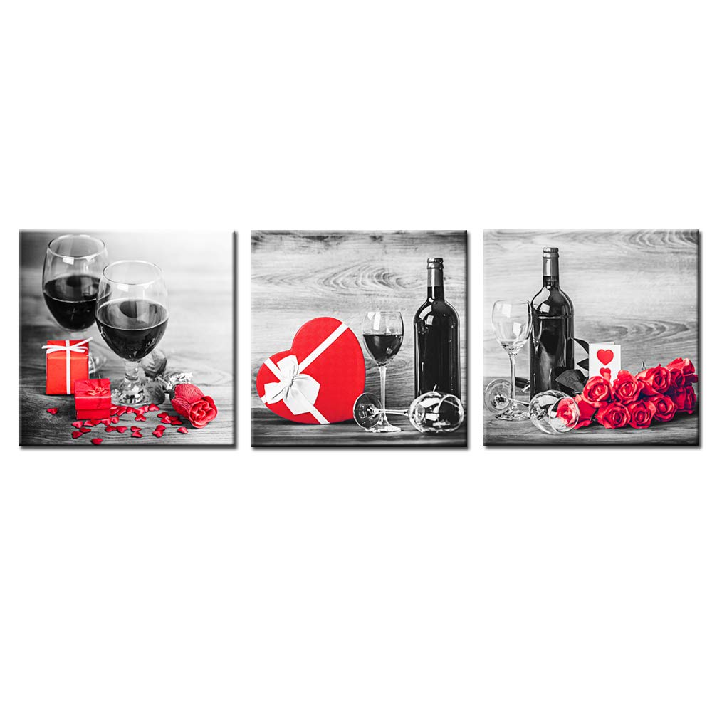 Nachic Wall 3 Piece Canvas Wall Art Decor Black and White Red Wine Rose Picture Poster Giclee Print Still Life Artwork Framed for Kitchen Bar Home Decorations