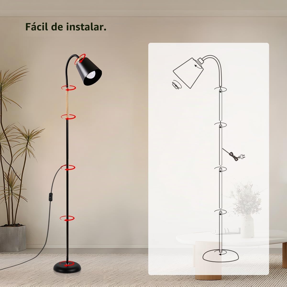 ANTENLICHT VILI | Lámpara de pie para salón y dormitorio, E27, orientable 360°, máx. 60 W, para lectura en sofá o dormitorio, lámpara de pie de metal negro de 159 cm (sin bombilla)