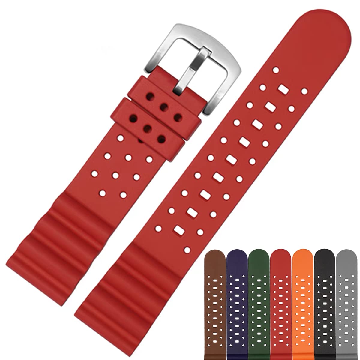 Strapseeker Laser Dice Quick-Release FKM Rubber Watch Strap- Replacement Watchband with Silver Buckle- Wristwatch band for Men & Women- Colors: Black, Green, Blue, Brown, Grey, Red, 22mm (Red, 22mm)