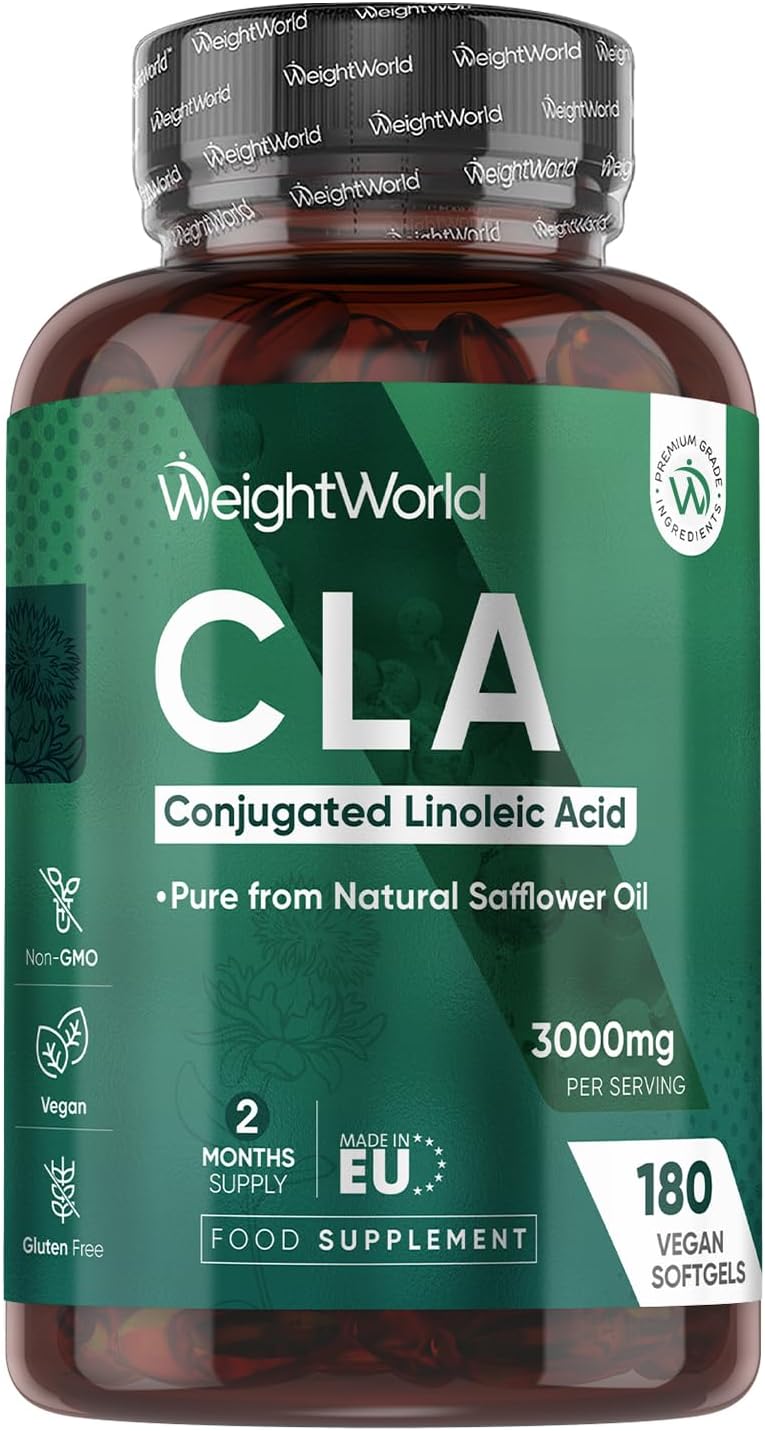 CLA Supplement 3000mg - 180 Vegan Softgels - 2 Months Supply - Pure from Natural Safflower Oil - Containing Conjugated Linoleic Acid (80% CLA) - Gluten-Free, Vegan & Non-GMO - Made in EU