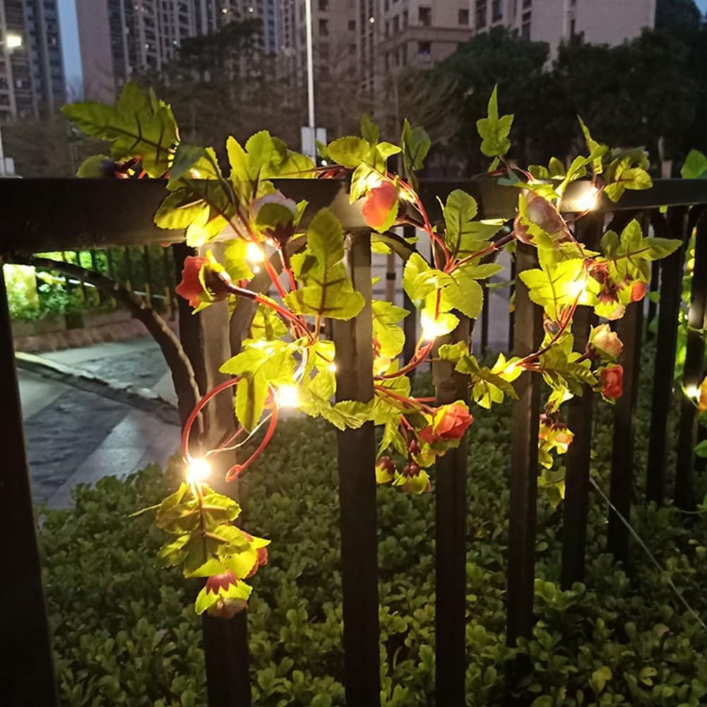 Solar Flowers String Lights Outdoor Waterproof, Artificial Rose Flower Fairy String Lights, Hanging Rose Vine Floral Garland with Lights for Garden Fence Yard Porch Wedding (Rose Red, 33FT, 100LED)